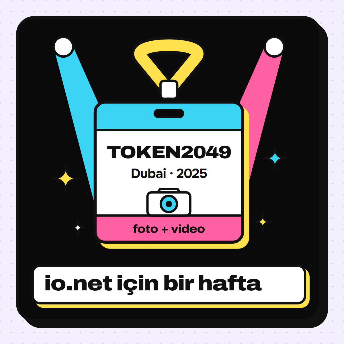 TOKEN2049 Dubai 2025 yaka kartı çizimi, sahne ışıkları önünde
