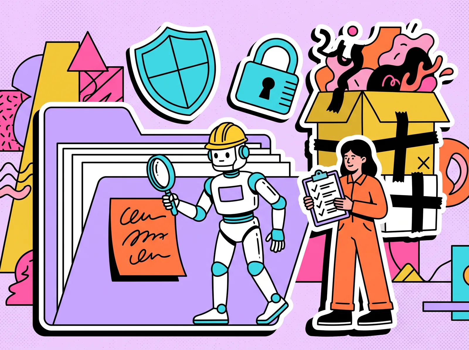 Pop baskı çizimi: baret takmış kodlama robotu düzenli bir proje klasörünün kapısında durup bulduğu şüpheli notu büyüteçle inceliyor, yanında dört maddesi işaretli bir kontrol listesi tutan kadın, havada turkuaz kalkan ve asma kilit çıkartmaları